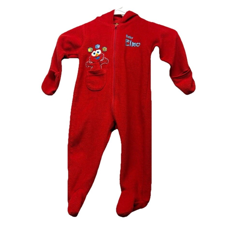 Vintage Elmo Hooded Pajamas Bodysuit 6-9 Months Red Fleece Zip Up Sesame Street